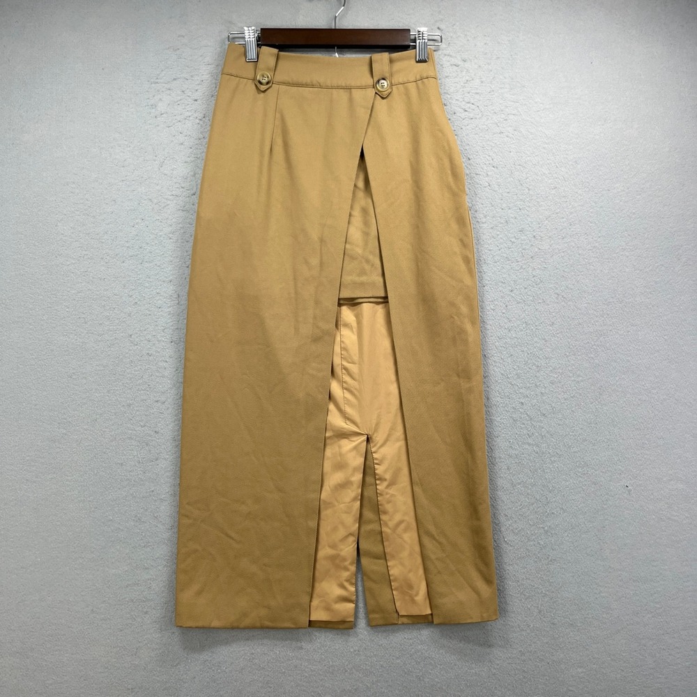 FORE Skirt Womens XS Tan Maxi Wrap Front Slit Twill Casual Office Minimalist